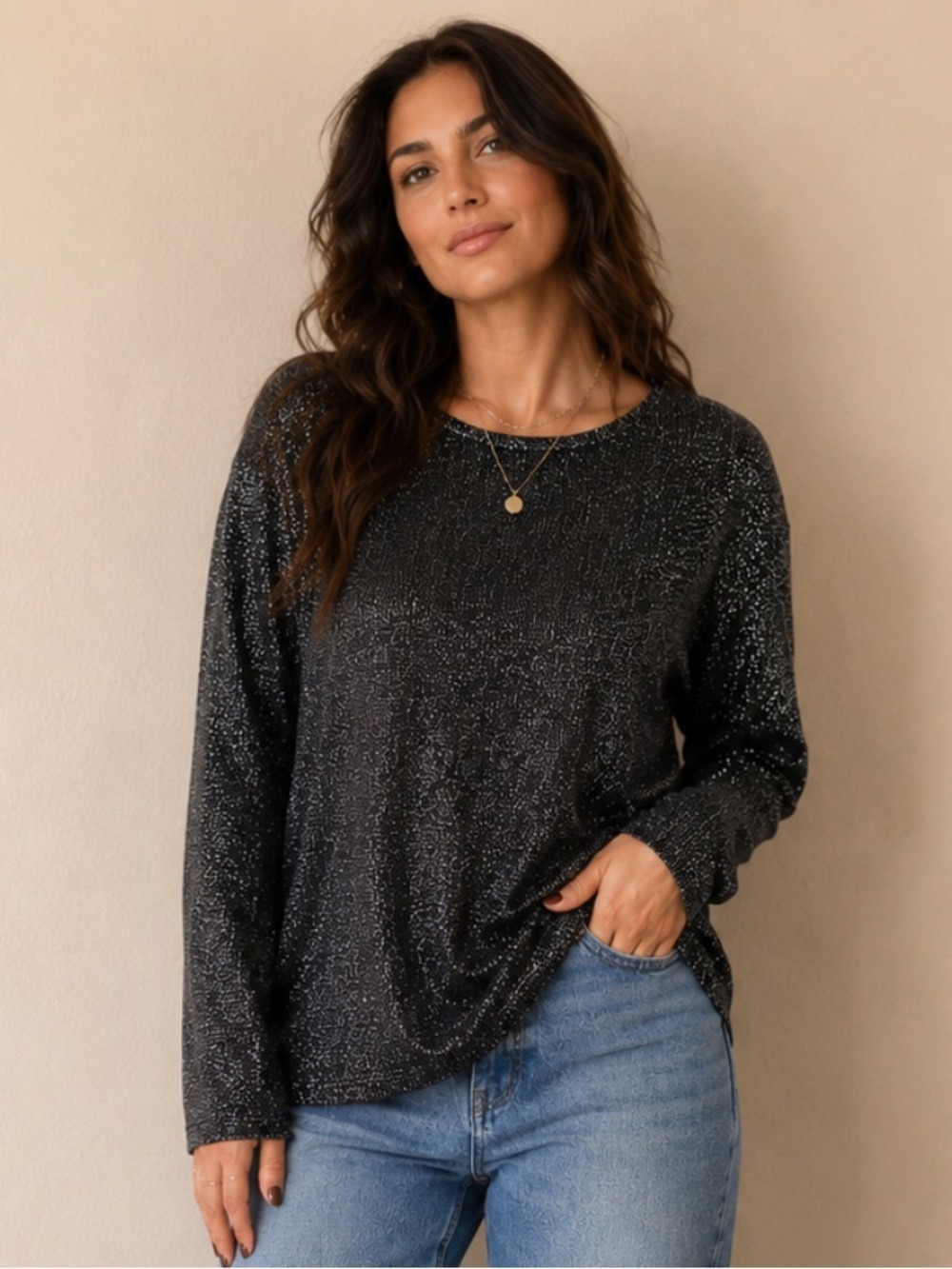 Vintage Starfire Metallic Black/Silver Long Sleeve Top - Size 16 USA